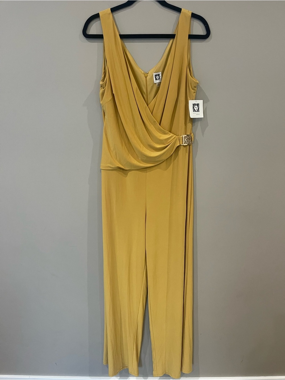 Anne Klein Yellow Mustard Draped V-Neck Jumpsuit with Side Buckle